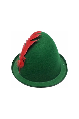 Yeşil Renk Kırmızı Tüylü Peter Pan Şapkası Robin Hood Şapkası 24x23 Cm +0
