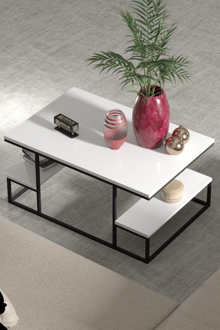 Reyo Falez Deluxe Raflı Orta Sehpa 60x90 Cm Modern Dikdörtgen Orta Sehpa Beyaz