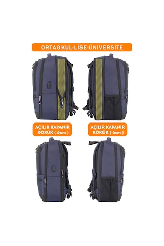 Körüklü Lacivert Okul Sırt Çantası Lise Universite Unisex Su Geçirmez Kumaş 14"-15,6" İnç Lacivert