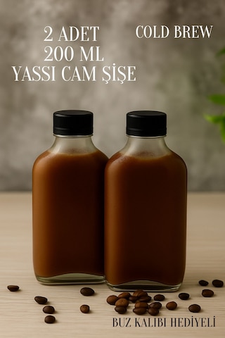 Rotanev 2 Adet Şeffaf Cold Brew Siyah Kapaklı Soğuk Kahve Yassı Cam Şişe 200 ml ve Çubuk Buz Kalıbı