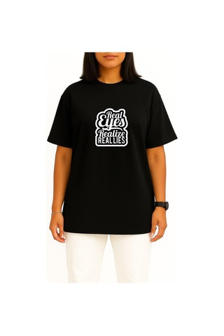 Bahriyeli Collection Oversize Gerçek Gözler Gerçek Yalanları Fark Eder Göğüs Baskılı Unisex T-shirt Siyah