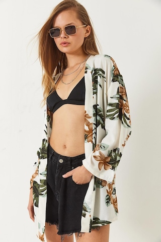 Shade Kadın Çiçek Desenli Kısa Viskon Kimono 60261498 - Ekru