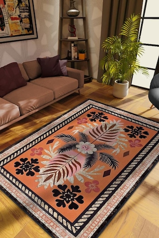 Homshtag Art Deco Bitki Temalı Turuncu Siyah Etnik Desenli Halı Dijital Baskı Rustik Çiçekli Halı Çok Renkli