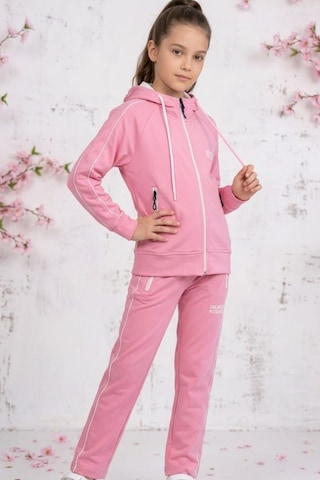 Pina Kids Kız Çocuk Unlimited Şeritli Kapüşonlu Düz Paça Reglan Kol Dalgıç Kumaş Eşofman Takımı Esf7013 Pembe