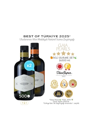 Gaia Pearls İkili Gurme Set 500 Ml X2 Avrupa Birliği Coğrafi İşaretli Milas Memecik Erken Hasat Soğuk Sıkım Zeytinyağı