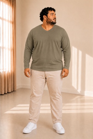 Sngl Tekstil Erkek Büyük Beden Oversize Uzun Kollu V Yaka T-shirt 3xl 4xl 5xl 6xl 7xl 8xl 9xl Haki