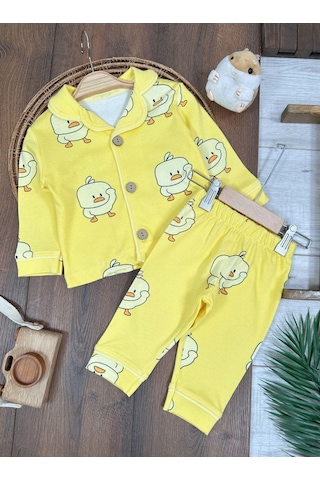 Kruvaze Yaka %100 Pamuk Önden Düğmeli Mevsimlik Ünisex Bebek Ve Çocuk Pijama Takımı 4bb2 Sarı