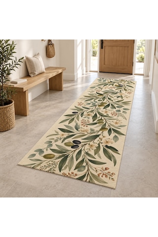 Kartela Halı Zeytin Bahçesi Zeytin Krem Koridor Mutfak Yolluk Halısı Kaymaz Taban 80x240 Cm