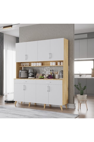 Denze Kahve Köşesi Çok Amaçlı Dolap Kiler Mutfak Dolabı Meşe Beyaz 160cm Meşe Beyaz