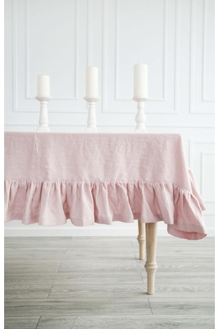 Buldan Keten Fırfırlı Vintage Pastel Pembe Masa Örtüsü