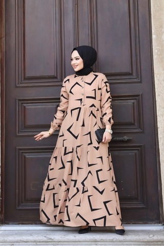 Hira Life Fashion Kadın Tesettür Mevsimlik Beli Kuşaklı Dokuma Viskon Elbise Vizon-siyah Vizon-siyah