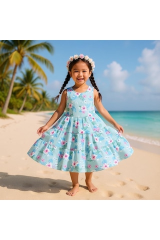 Çiçekli Kız Çocuk Elbise St09119 Turkuaz
