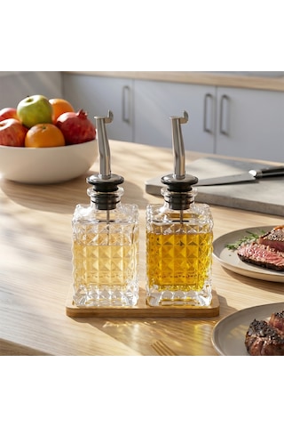 Porsima Dhz90112 2li Bambu Standlı Sızdırmaz Cam Yağlık Sirkelik Yağdanlık 100+100 Ml