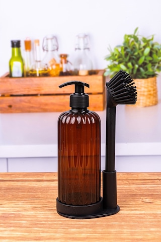 Toptanfoni Yumuşak Silikon Fırçalı Tezgah Üstü Mutfak Banyo Sıvı Sabunluk Takımı-bulaşık Yıkama Temizlik Seti Kahverengi