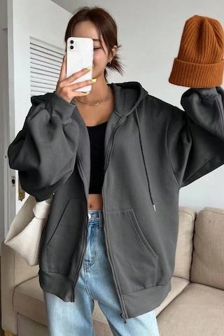 Modagen Unisex Oversize Fermuarlı Sweat Hırka Füme