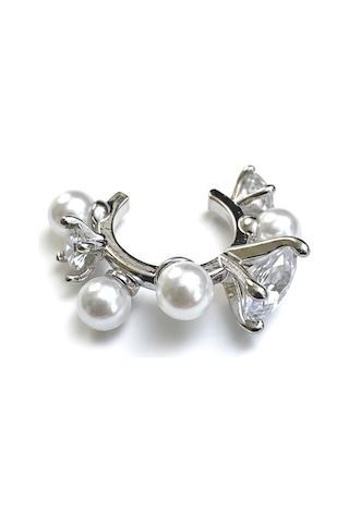 Earcuff Sıkıştırmalı Pirinç Kıkırdak Küpe İncili Taşlı Gümüş Renk Çelik