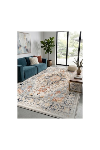 Modern Vintage Desenli Krem Salon Halısı Klasik Dekoratif Oturma Odası Halısı Krem