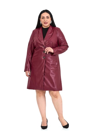 Büyük Beden Cepli Düğme Kapamalı Astarlı Suni Deri Bordo Kaban Bordo