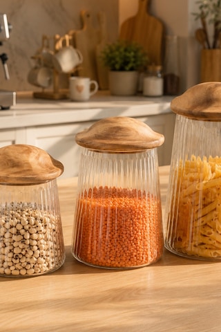 Porsima Mushroom Bambu Vakumlu Kapaklı Yuvarlak Borosilikat Cam 3lü Kavanoz Seti Saklama Kabı Cam - Şeffaf