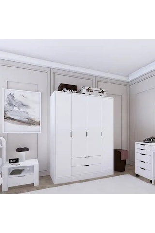 140 Cm Mat Beyaz 4 Kapılı 2 Çekmeceli Elbise Dolabı - Gardırop Beyaz