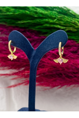 925 Ayar Gümüş Gold Renk Kalpli Pembe Kuvars Taşlı Melek Kanadı Modeli Lüks Kadın Küpe Gümüş