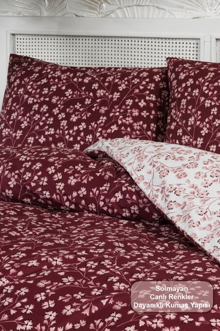 Elart Jasmin Nevresim Takımı Çift Kişilik %100 Pamuk Ranforce Lastikli Çarşaf 200x220 Cm Bordo Bordo