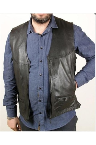 Hakiki Deri Önden Fermuarlı Erkek Deri Yelek Siyah