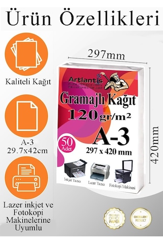 A3 Gramajlı Fotokopi Kağıdı 50 Adet 120 Gr Sertifika Kağıdı Kalın Kağıt Baskı Tüm Yazıcılara Uyumlu 29.7x42cm Ofis Büro