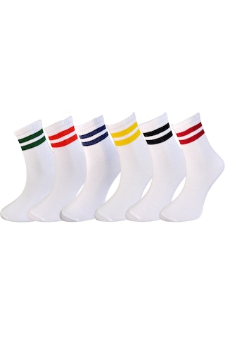 Silk Step 6'lı Paket Kadın, Renkli Çemberli Günlük Kolej - Tenis Çorabı Beyaz Zemin 6 Farklı Çember Rengi Beyaz