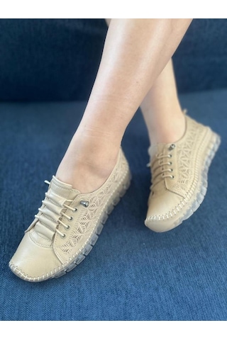 Bej Kadın Hakiki Deri Lastikli Ayarlanabilir Bağcıklı Rahat Taban Sneaker Miala 001