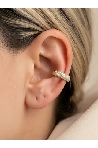 Minimal Işıltılı Zirkon Taşlı Kıkırdak Cuff Gold Renk Küpe Gold