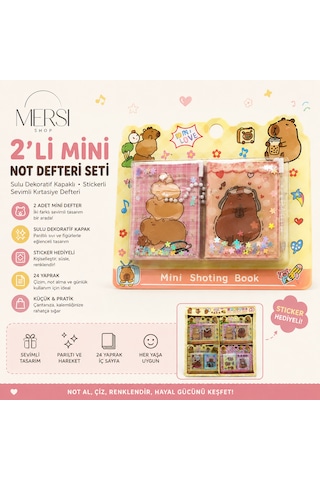 2'li Mini Not Defteri Seti Sulu Dekoratif Kapaklı Stickerli Sevimli Kırtasiye Defteri 24 Yaprak Çok Renkli