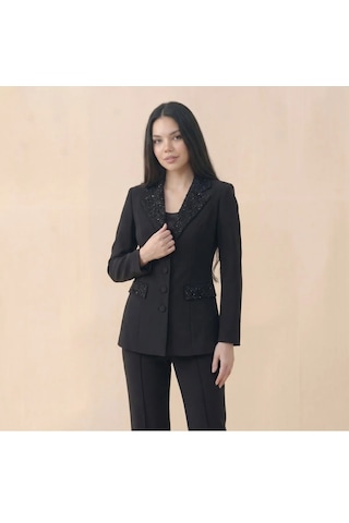 Orvelia Yaka Ve Cep Kristal İşlemeli Tailored Magenta Blazer Ceket Ve Pantolon Takım siyah