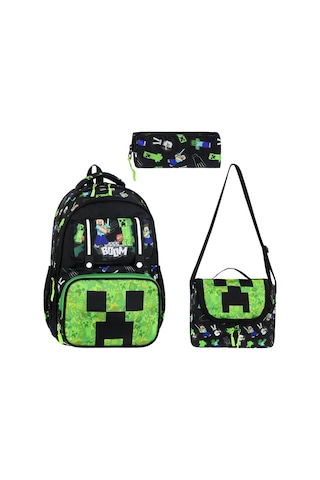 Minecraft Beslenme Çantalı Kalemlikli Okul Çantası Siyah Siyah Siyah