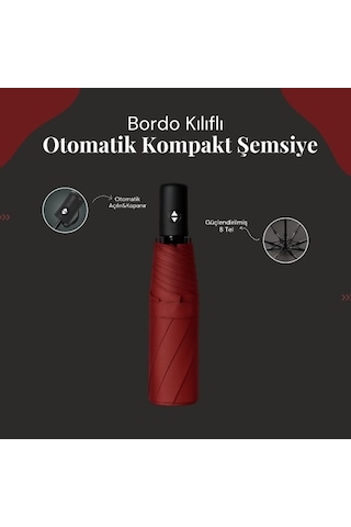 Terrien Delux Serisi Bordo Kılıflı Otomatik Kompakt Şemsiye Günlük Eşya Yağmur Koruması Araç Gereci Çok Renkli