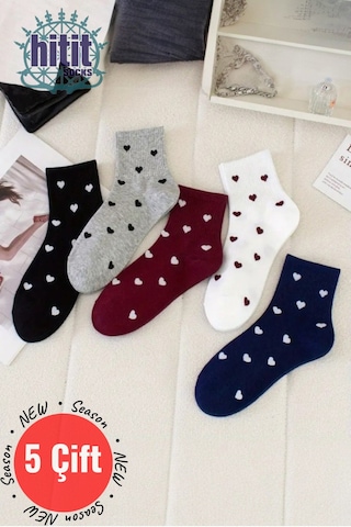 Kadın 5 Çift Premium Kalite Minimal Kalp Desenli Kısa Kolej Çorap Çok Renkli Çok Renkli