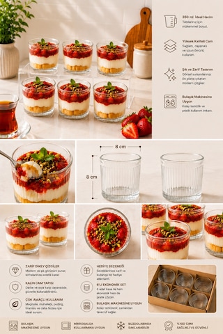 6'lı Çizgili Cam Tatlı Sunum Kasesi 350 Ml - Magnolia Cheesecake Kahvaltılık Çerezlik Servis Seti Şeffaf