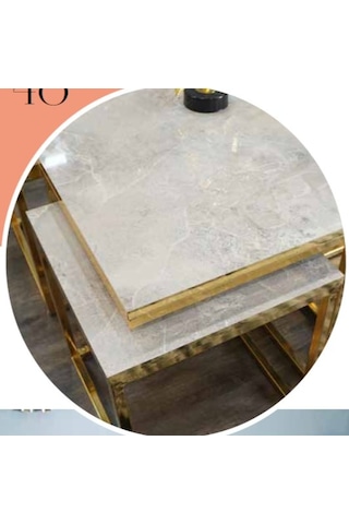 Mim Rambla - Gold Kare 4+1 Pizza Orta Sehpa Gold - Beyaz Mermer