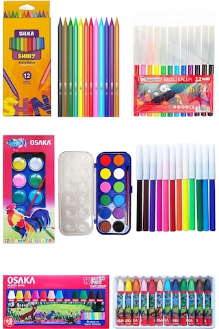 Osaka Sulu Boya 12'li Pastel Boya 12'li Silka Kuru Boya 12'li Fixpoint Keçeli Kalem 12'li Okul Seti