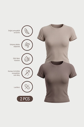 Auw Kadın Bisiklet Yaka Pamuklu Modal T-shirt 2'li - Softfit Taş - Vizon