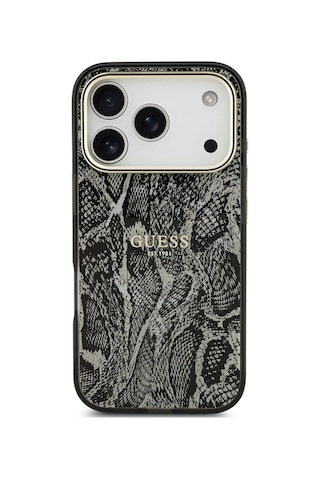 Apple Uyumlu iPhone 17 Pro Kılıf Guess Lisanslı M-safe Özellikli Yazı Logolu Python Desenli Kapak Siyah Siyah