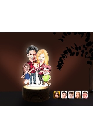 Kişiye Özel Aile Karikatürlü Dekoratif 3D Biblo Led Işıklı Gece L (483006989)
