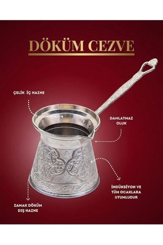 3 No Nikel Desenli İçi Paslanmaz Çelik Döküm Cezve İndüksiyonlu Ocaklara Uygun - Metalik