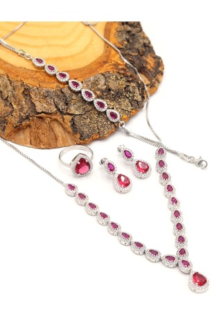 Yakut Taşlı Damla Model 925 Ayar Gümüş Kadın Dörtlü Set 201025664