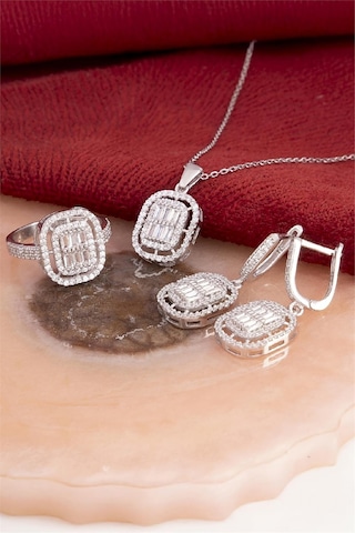 925 Ayar Gümüş Rodyumlu Full Zirkon Süslemeli Baget Oval Bayan Takı Seti -8241 Gümüş