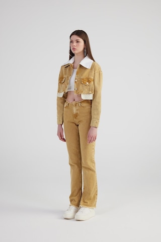 Holly Lolly Mermer Desenli Kırçıl Detaylı Straight Kesim Paça Yırtmaçlı Rusted Jean Pantolon Camel
