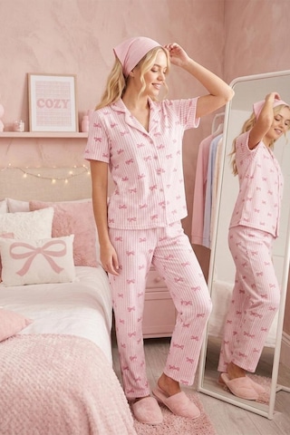 Fit Women Pembe Kurdele Desenli Bürümçük Kumaş Kısa Kollu Pijama Takımı 6064