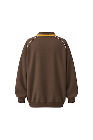 Mixray 2248 Kadın Kolej Stil Polo Yaka Oversize Sweatshirt Kahve