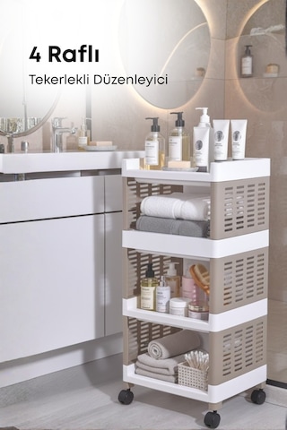 Grimorlife 4 Raflı Banyo Düzenleyici Mutfak Rafı Banyo Dolabı Çok Amaçlı Plastik Mutfak Düzenleyici Bej Beyaz
