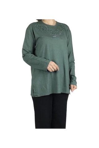 Kadın Yakası Taşlı Likralı Büyük Beden Bluz Arpbattal1 Mint Yeşili